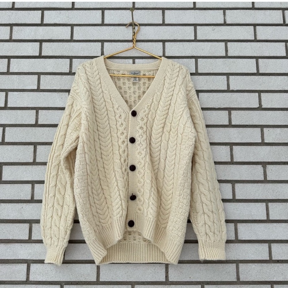 Vintage LL Bean Ireland Ivory Leather Button Wool Cardigan Fisherman Sweater